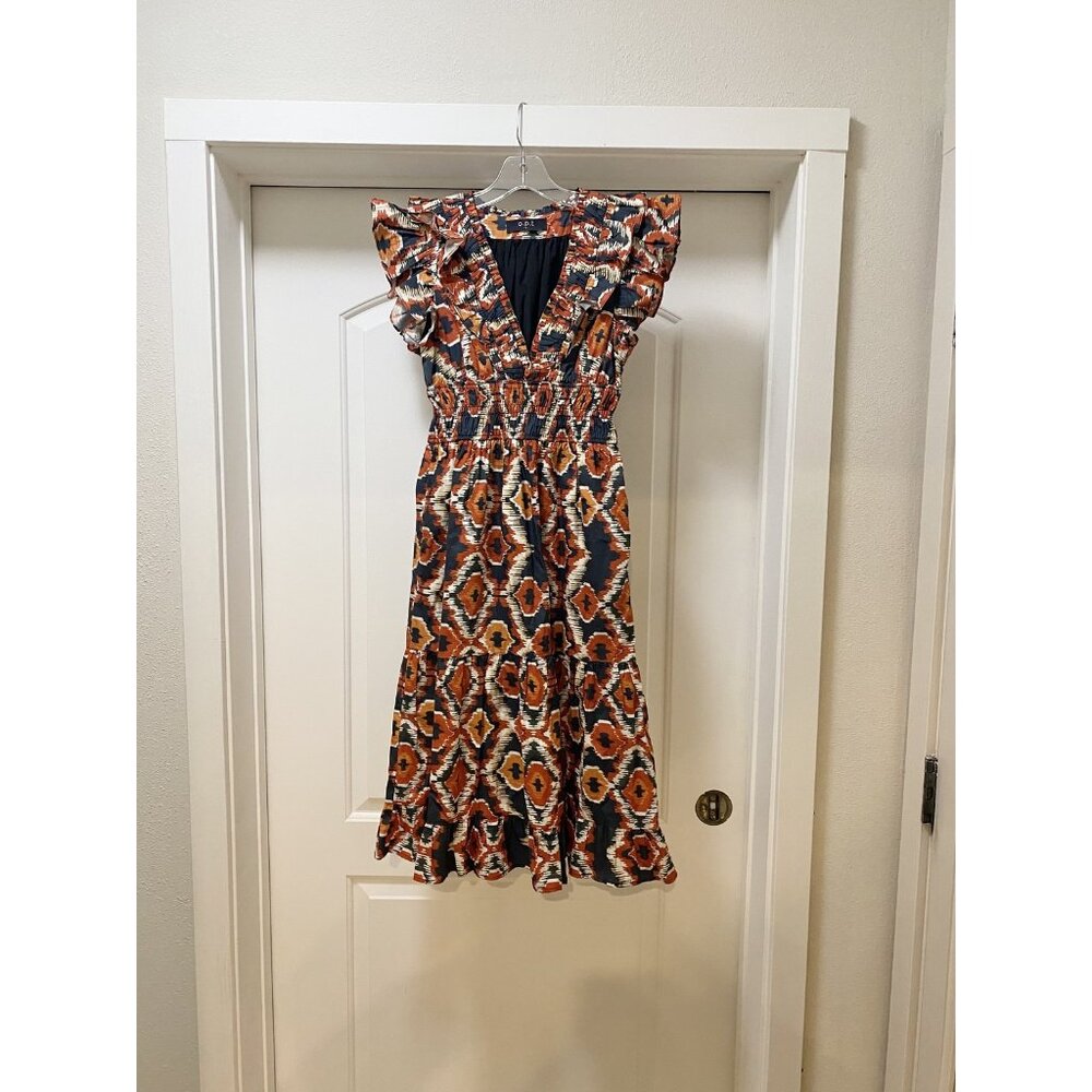 OPT Dress Womens Small Multicolor Boho Ruffle Flutter Sleeve Midi Pockets Cotton